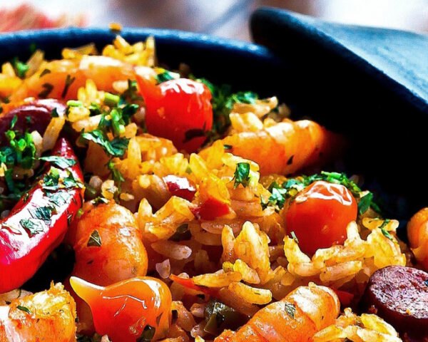 一锅米饭，虾和辣椒