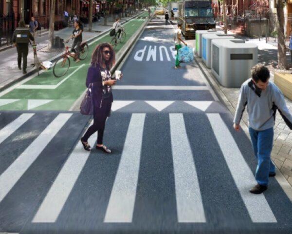人们在纽约市的人行横道上行走，没有汽车