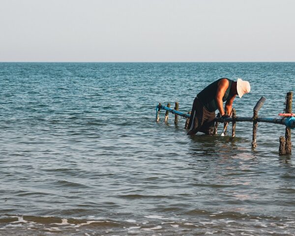 一个人在修理一根伸入海洋的管道